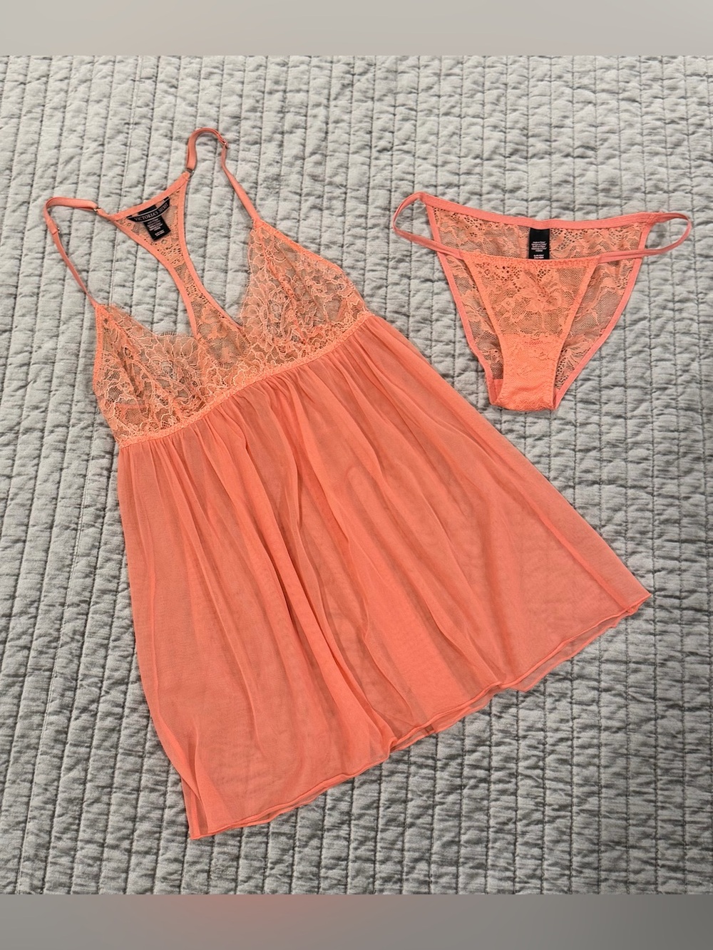 Victoria's Secret Coral Lace & Sheer Babydoll Set